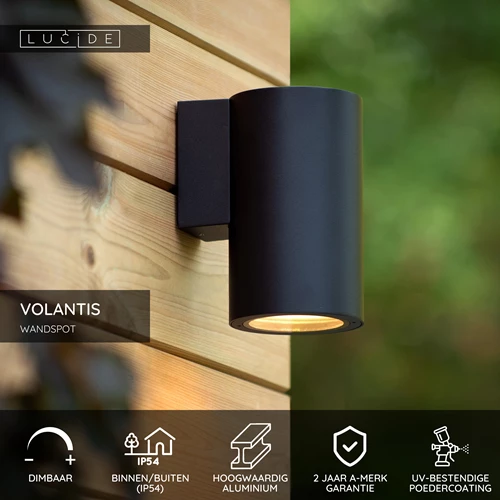 Lucide VOLANTIS - Wandspot / Wandlamp Binnen/Buiten - 1xE27 - IP54 - Zwart - USP